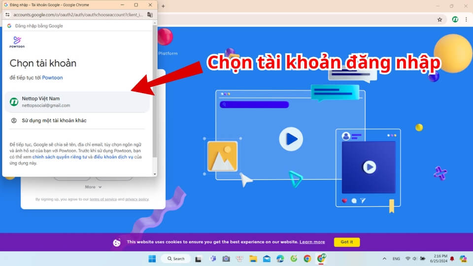 Chọn tài khoảng google muốn đăng ký