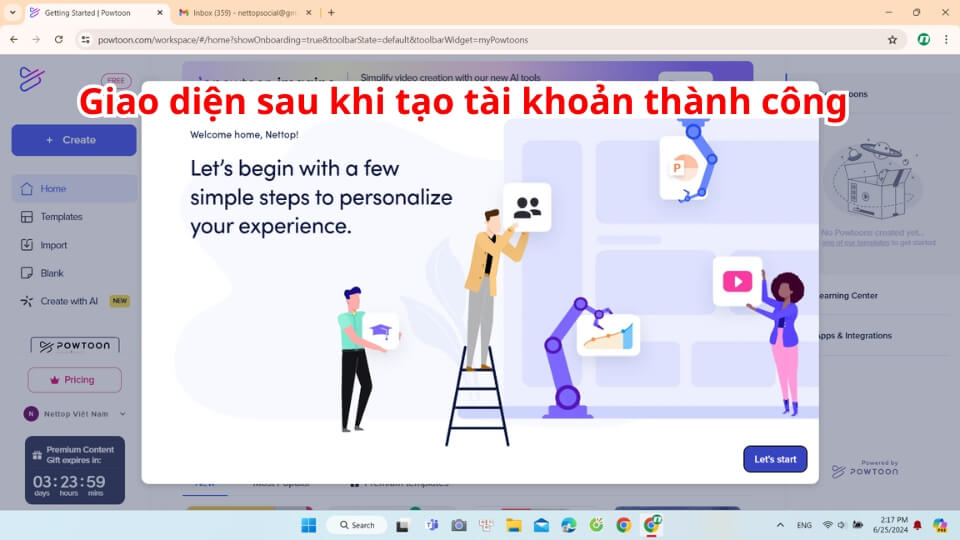 Giao diện sau khi tạo tài khoản