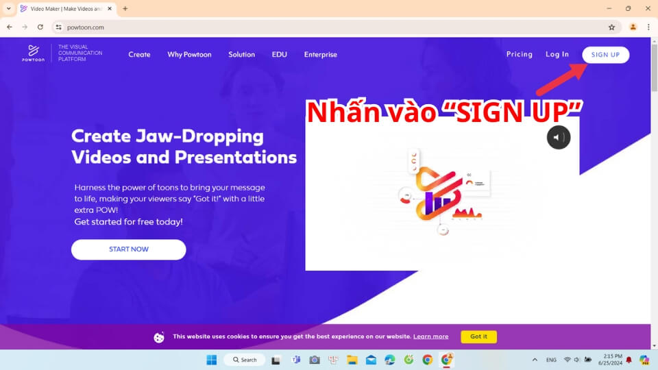 Nhấn vào Sign up để đăng ký tk Powtoon